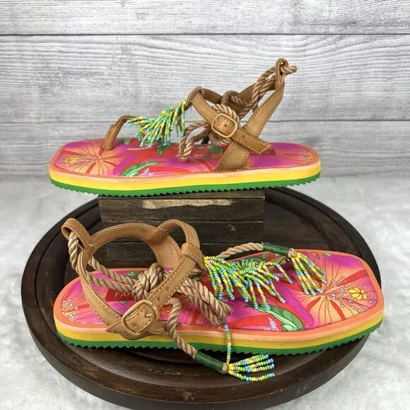 FARM RIO Tan Banana Beaded Pietra Sandals Tropical Size 8