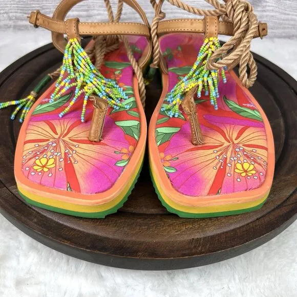 FARM RIO Tan Banana Beaded Pietra Sandals Tropical Size 8