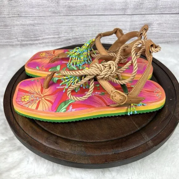 FARM RIO Tan Banana Beaded Pietra Sandals Tropical Size 8