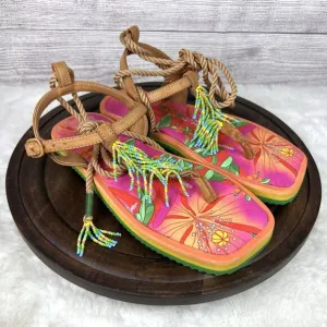FARM RIO Tan Banana Beaded Pietra Sandals Tropical Size 8