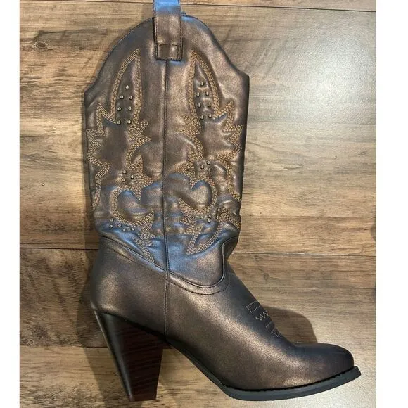 Faux Leather Coppery Brown Embroidered &amp; Embellished Cowboy Boots - Size 10