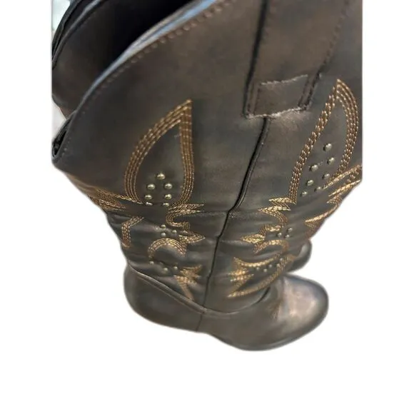 Faux Leather Coppery Brown Embroidered &amp; Embellished Cowboy Boots - Size 10