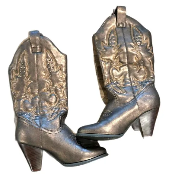 Faux Leather Coppery Brown Embroidered &amp; Embellished Cowboy Boots - Size 10
