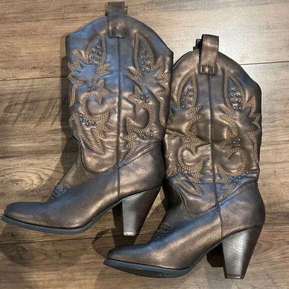 Faux Leather Coppery Brown Embroidered &amp; Embellished Cowboy Boots - Size 10
