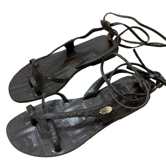 Fendi Brown Zucca Leather Ankle Wrap Flat Sandals Size 37