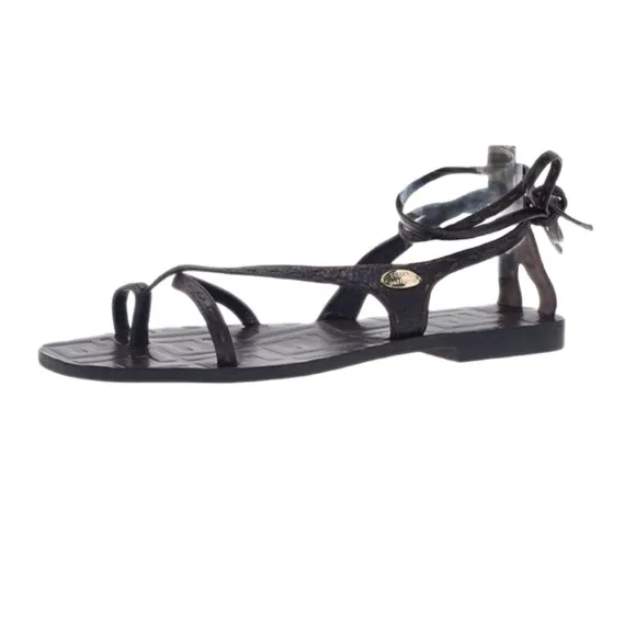 Fendi Brown Zucca Leather Ankle Wrap Flat Sandals Size 37