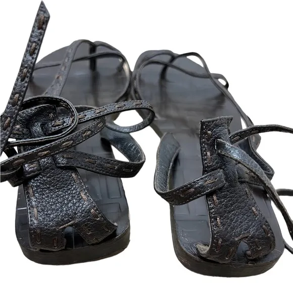 Fendi Brown Zucca Leather Ankle Wrap Flat Sandals Size 37