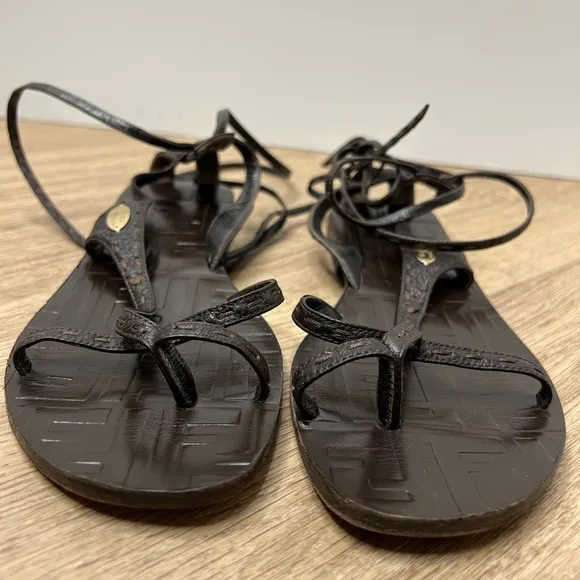 Fendi Brown Zucca Leather Ankle Wrap Flat Sandals Size 37