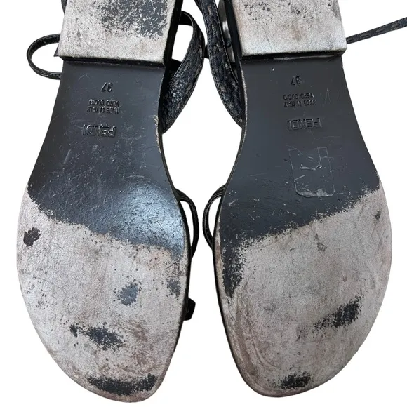 Fendi Brown Zucca Leather Ankle Wrap Flat Sandals Size 37