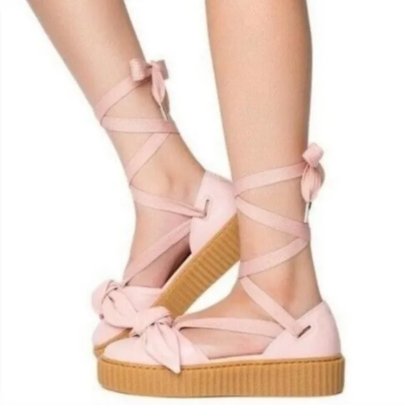 Fenty Puma The Bow Creeper Pink Leather Sandals Platform Ankle Wrap Lace Up 7.5