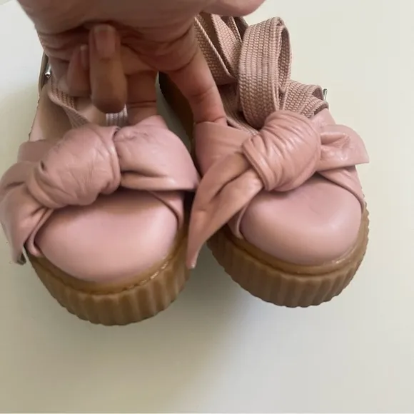 Fenty Puma The Bow Creeper Pink Leather Sandals Platform Ankle Wrap Lace Up 7.5