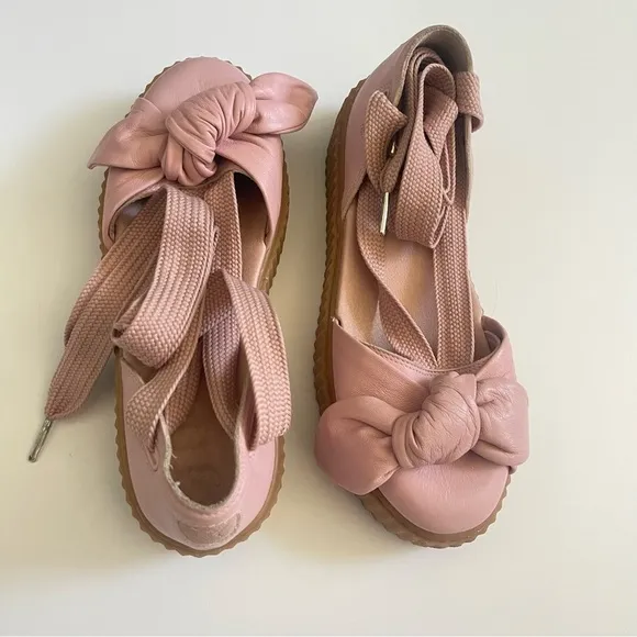 Fenty Puma The Bow Creeper Pink Leather Sandals Platform Ankle Wrap Lace Up 7.5