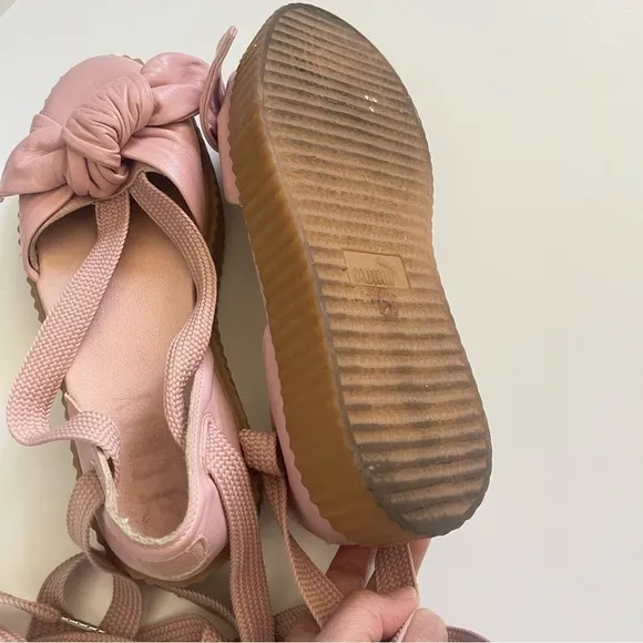 Fenty Puma The Bow Creeper Pink Leather Sandals Platform Ankle Wrap Lace Up 7.5