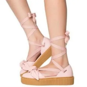 Fenty Puma The Bow Creeper Pink Leather Sandals Platform Ankle Wrap Lace Up 7.5