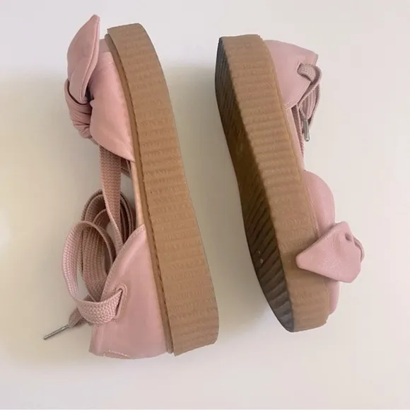 Fenty Puma The Bow Creeper Pink Leather Sandals Platform Ankle Wrap Lace Up 7.5