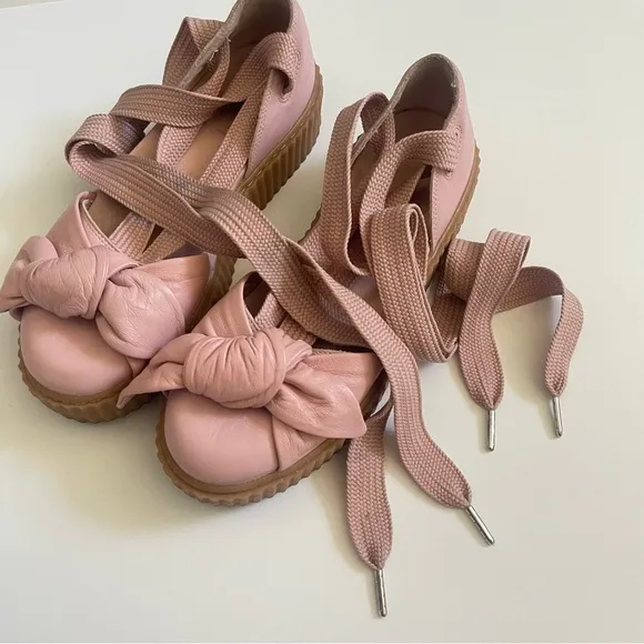 Fenty Puma The Bow Creeper Pink Leather Sandals Platform Ankle Wrap Lace Up 7.5