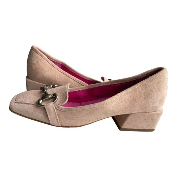 Ferca 81 Size 7.5 Blush Beige Italian Suede Loafers Heels With Hardware Square