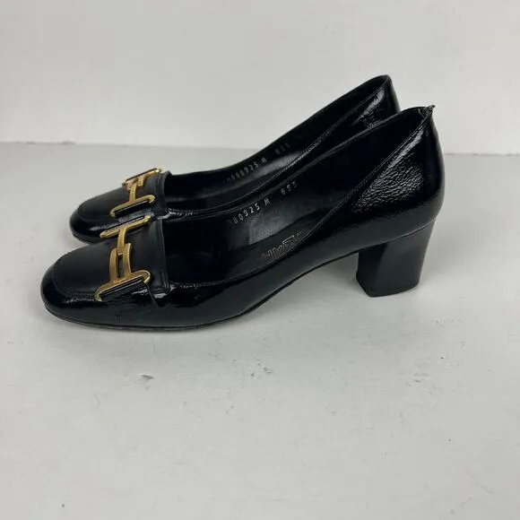 Ferragamo Leather Pumps Black Square Toe Heels Gold-Tone Horsebit Loafers 6.5