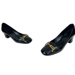 Ferragamo Leather Pumps Black Square Toe Heels Gold-Tone Horsebit Loafers 6.5