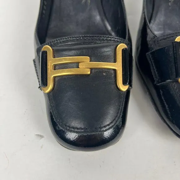 Ferragamo Leather Pumps Black Square Toe Heels Gold-Tone Horsebit Loafers 6.5