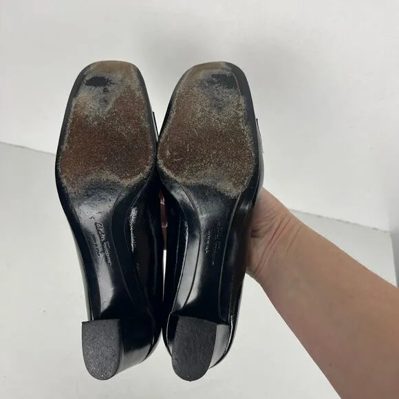 Ferragamo Leather Pumps Black Square Toe Heels Gold-Tone Horsebit Loafers 6.5