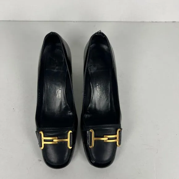 Ferragamo Leather Pumps Black Square Toe Heels Gold-Tone Horsebit Loafers 6.5