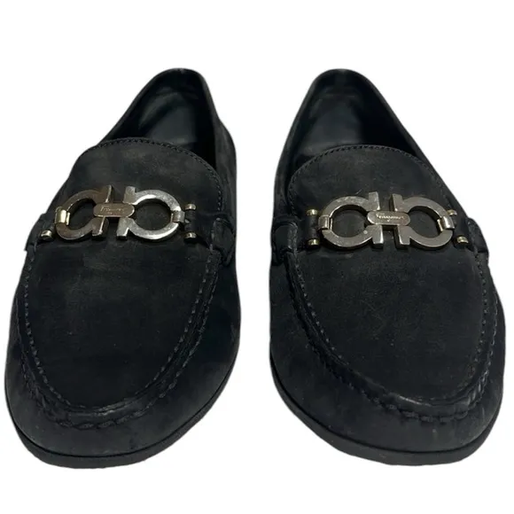 Ferragamo Reversible Buckle Gancini Moccasin Loafers Wom 8.5 Black Suede 16223