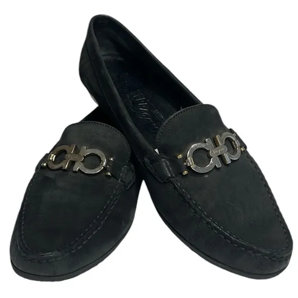 Ferragamo Reversible Buckle Gancini Moccasin Loafers Wom 8.5 Black Suede 16223