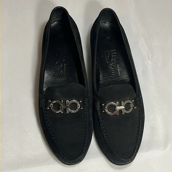 Ferragamo Reversible Buckle Gancini Moccasin Loafers Wom 8.5 Black Suede 16223