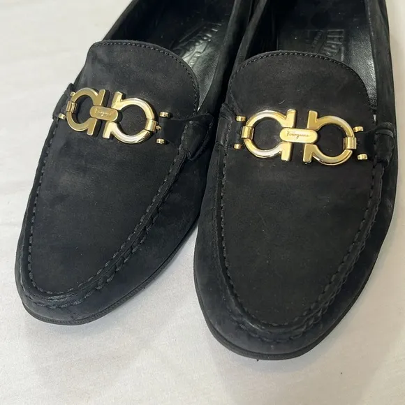 Ferragamo Reversible Buckle Gancini Moccasin Loafers Wom 8.5 Black Suede 16223