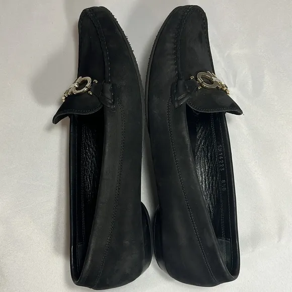 Ferragamo Reversible Buckle Gancini Moccasin Loafers Wom 8.5 Black Suede 16223