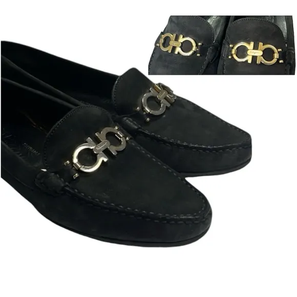Ferragamo Reversible Buckle Gancini Moccasin Loafers Wom 8.5 Black Suede 16223