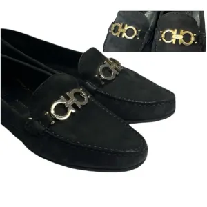 Ferragamo Reversible Buckle Gancini Moccasin Loafers Wom 8.5 Black Suede 16223