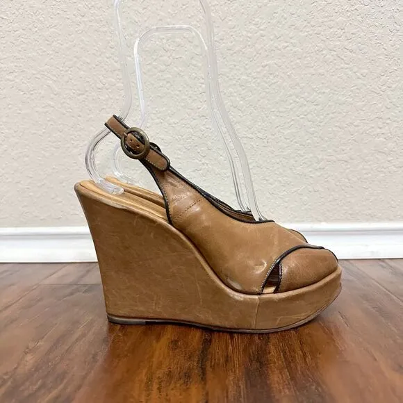 FIORENTINI   Baker Peep-Toe Wedge Slingback Sandals in Tan Leather