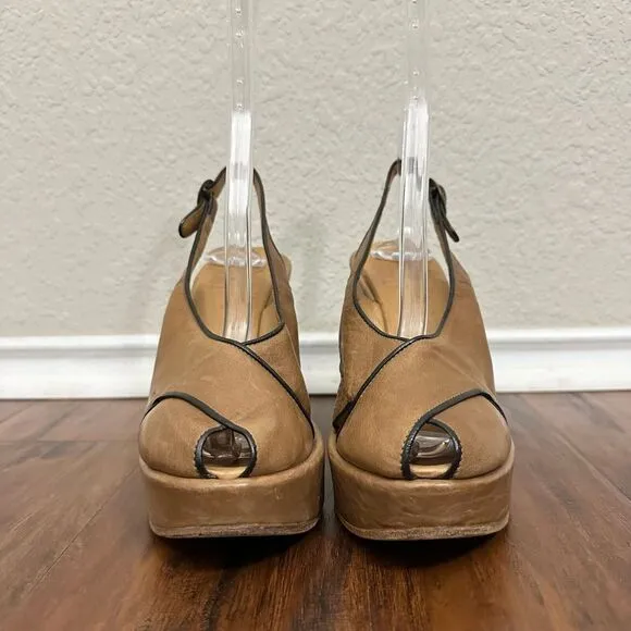 FIORENTINI   Baker Peep-Toe Wedge Slingback Sandals in Tan Leather