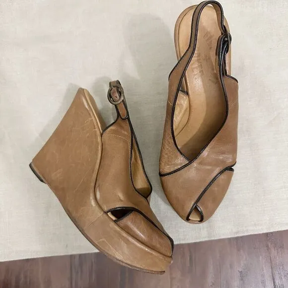 FIORENTINI   Baker Peep-Toe Wedge Slingback Sandals in Tan Leather