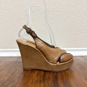 FIORENTINI   Baker Peep-Toe Wedge Slingback Sandals in Tan Leather