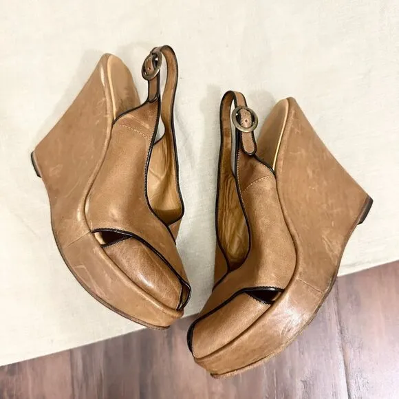 FIORENTINI   Baker Peep-Toe Wedge Slingback Sandals in Tan Leather