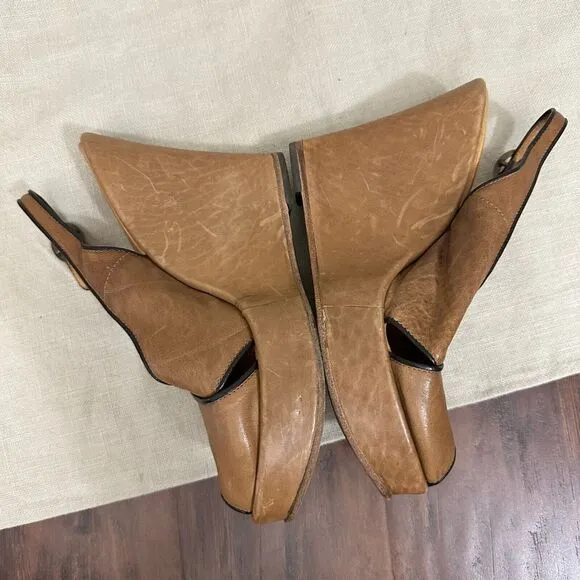FIORENTINI   Baker Peep-Toe Wedge Slingback Sandals in Tan Leather