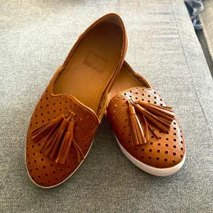 FITFLOP D'ORSAY Caramel Brown Latticed Leather Tassel Loafers Flats US 5