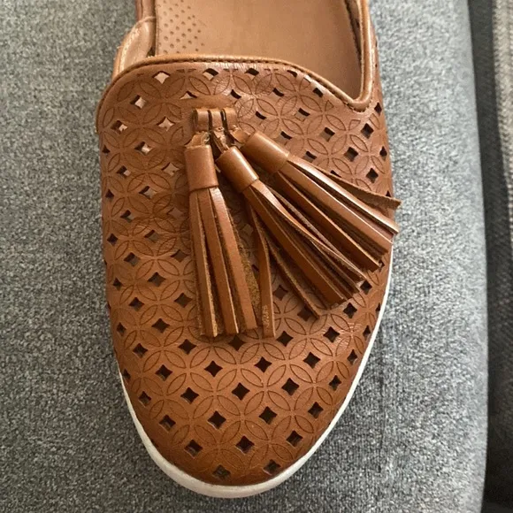 FITFLOP D'ORSAY Caramel Brown Latticed Leather Tassel Loafers Flats US 5
