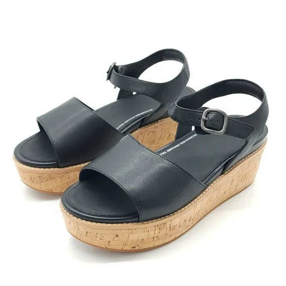 FitFlop Eloise Wedge Sandals Women's Black Leather Cork-Wrap Back-Strap Size 10