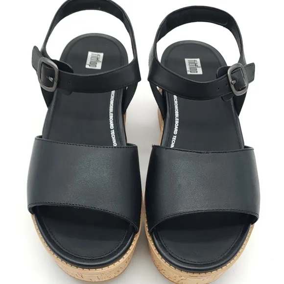 FitFlop Eloise Wedge Sandals Women's Black Leather Cork-Wrap Back-Strap Size 10