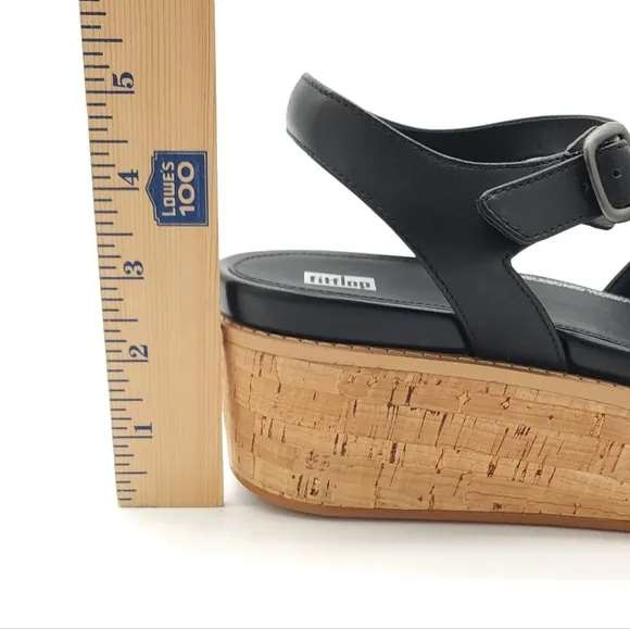 FitFlop Eloise Wedge Sandals Women's Black Leather Cork-Wrap Back-Strap Size 10
