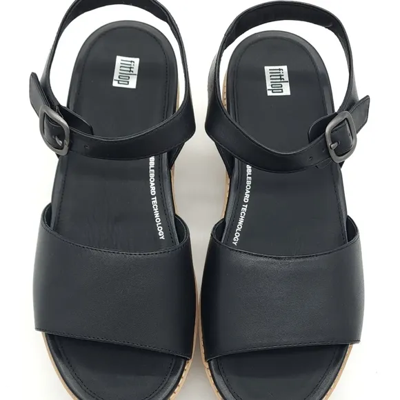 FitFlop Eloise Wedge Sandals Women's Black Leather Cork-Wrap Back-Strap Size 10