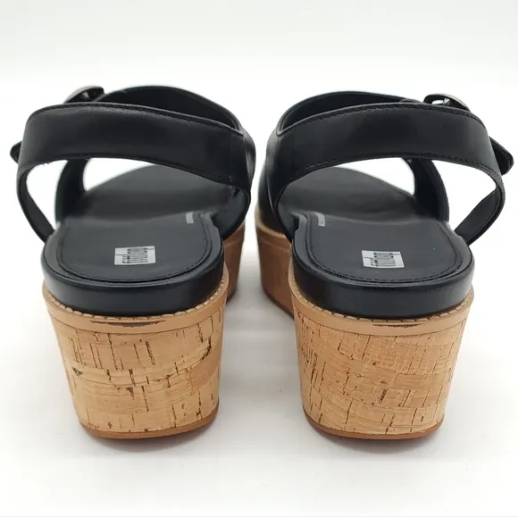 FitFlop Eloise Wedge Sandals Women's Black Leather Cork-Wrap Back-Strap Size 10