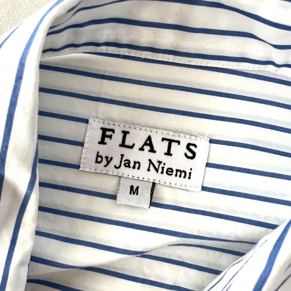 FLATS by JAN NIEMI Crisp Cotton Poplin Blue Striped Pop Over Shirtdress Tunic- M