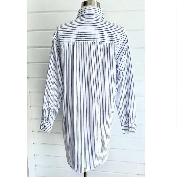 FLATS by JAN NIEMI Crisp Cotton Poplin Blue Striped Pop Over Shirtdress Tunic- M