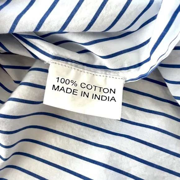 FLATS by JAN NIEMI Crisp Cotton Poplin Blue Striped Pop Over Shirtdress Tunic- M