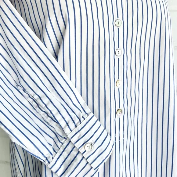 FLATS by JAN NIEMI Crisp Cotton Poplin Blue Striped Pop Over Shirtdress Tunic- M